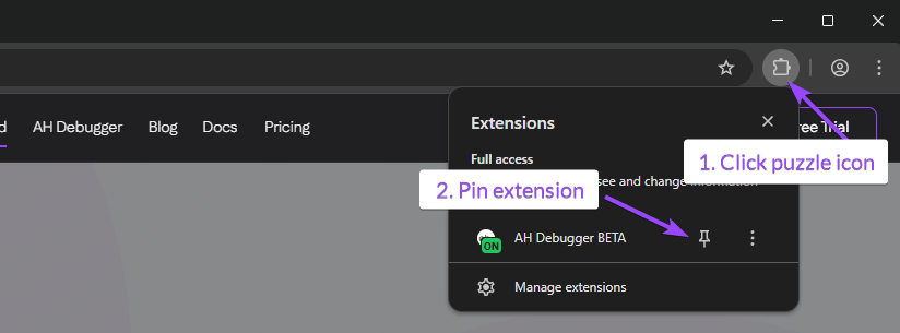 Pin AH Debugger extension