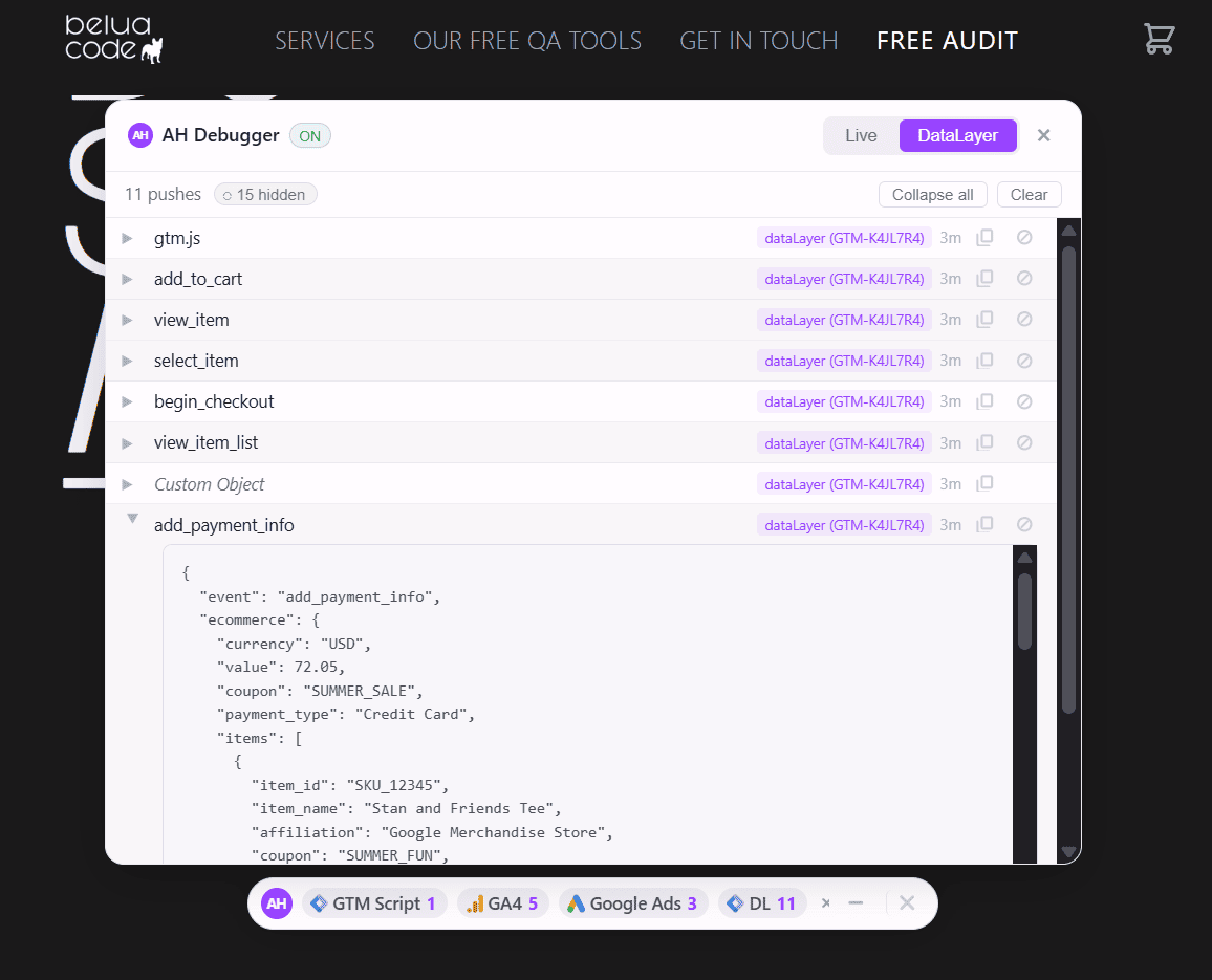 AH Debugger overlay DataLayer feed