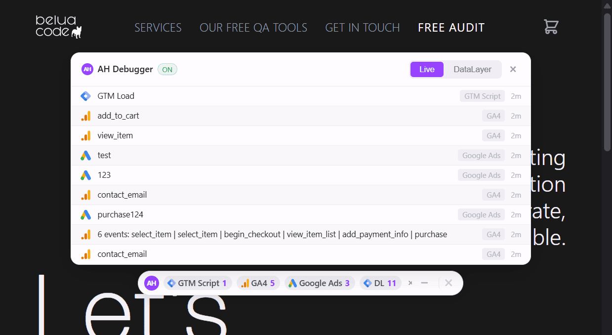 AH Debugger overlay live requests feed