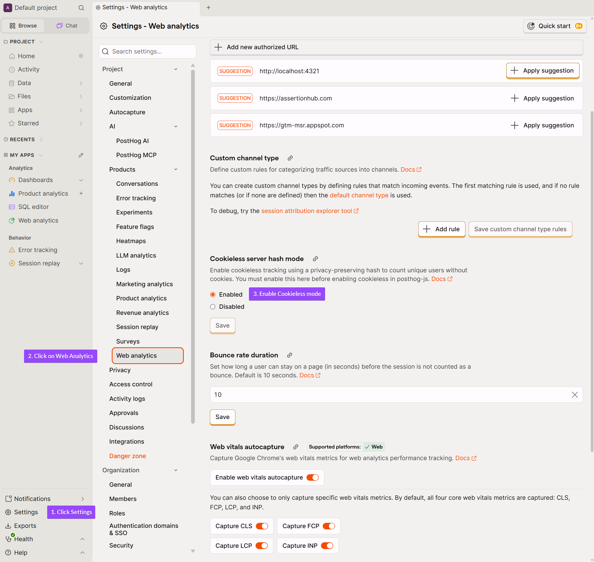 PostHog Project Settings, enabling cookieless mode