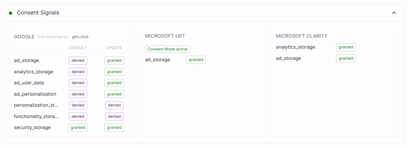 Microsoft UET Consent Mode audit result showing ASC values